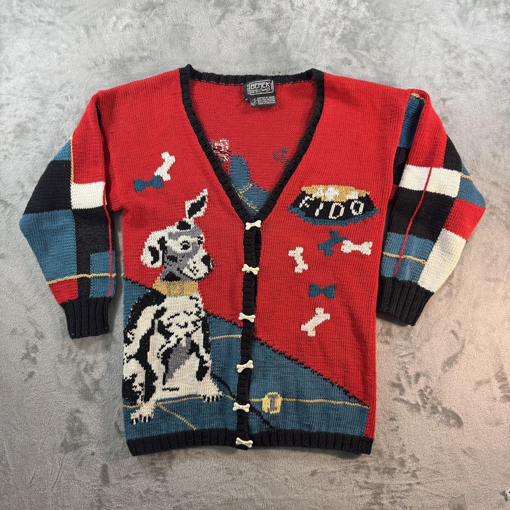 Vintage Berek Sweater Womens Small Multicolor Dog Graphic Cardigan Knit 80s